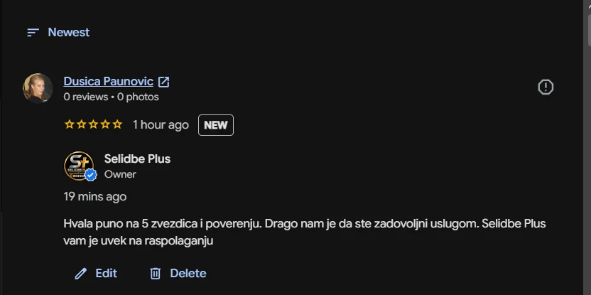 Google recenzija 5 zvezdica za Selidbe Plus