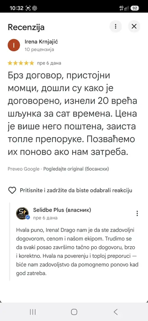 Google recenzija klijenta Irena za ovaj posao